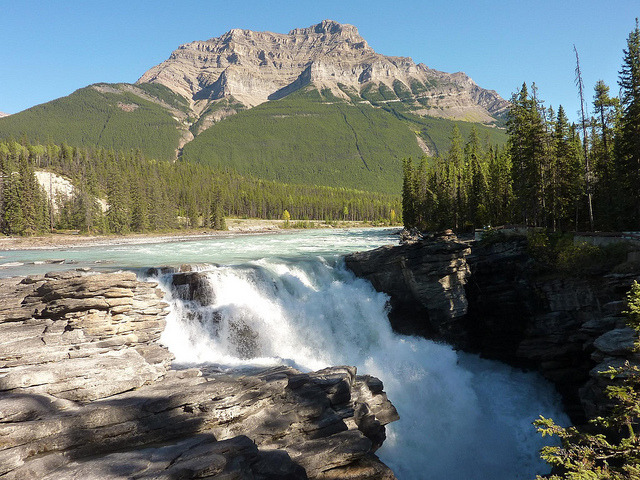 Athabasca Falls is a waterfall in Jasper National Park approximately 30 kilometres south of the townsite of Jasper, Alberta - Canada. A powerful, picturesque...