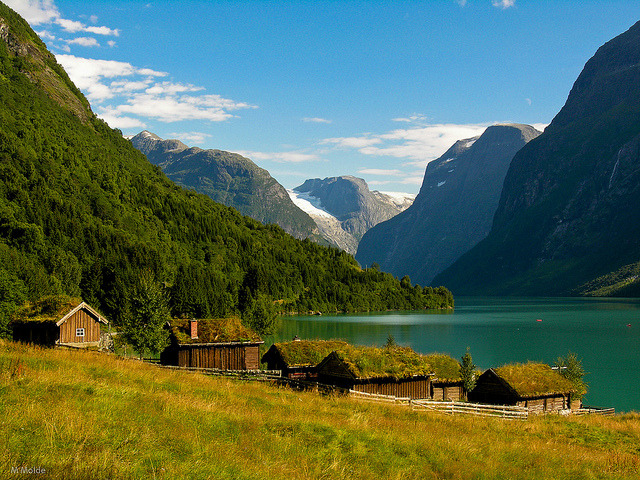 Houses on the shores of Lake Loen, Norway
