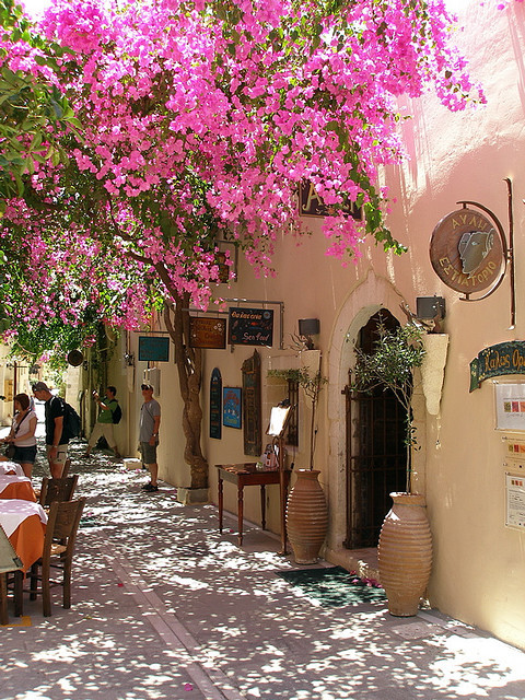 Street scene with the bouganvillea vines in bloom, Rethymno, Greece