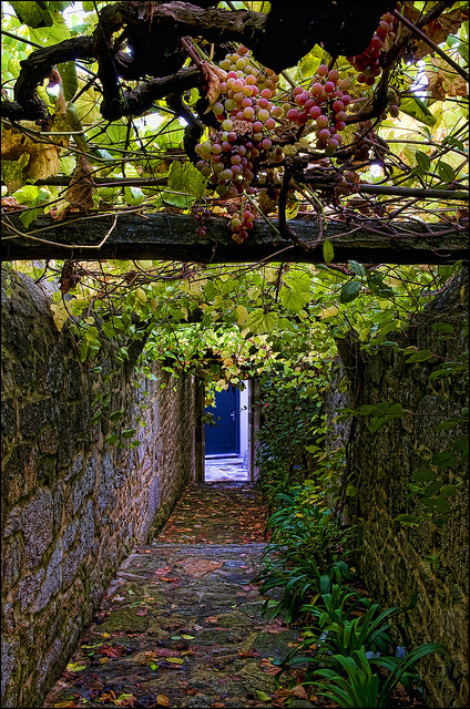 Beautiful narrow alley in Santiago de Compostela, Galicia, Spain