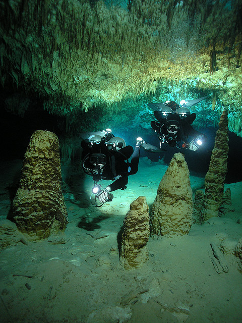 Exploring the underwater tunnels of Dos Ojos Cave System, Riviera Maya, Mexico