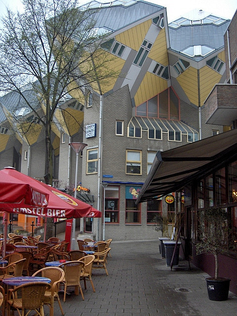 Streetside cafe and cube houses in Rotterdam, The Netherlands