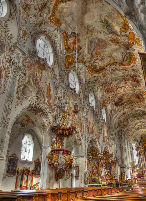 Beautiful baroque architecture inside Rottenbuch Abbey, Bavaria, Germany