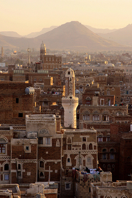 Sunset in the old city of Sana'a, Yemen