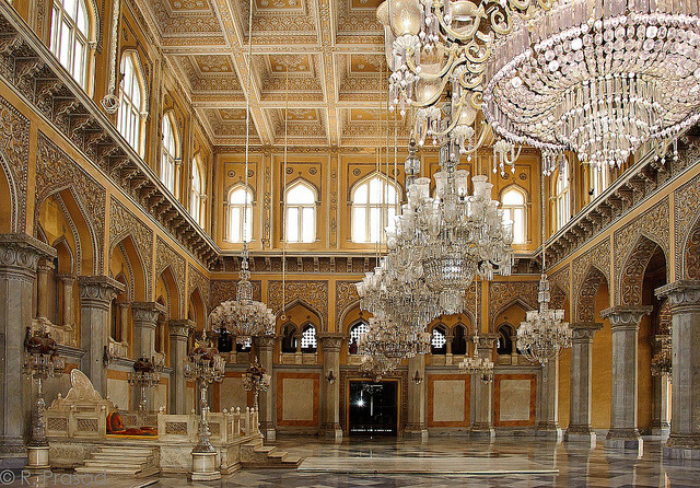 Hanging chandeliers inside Chowmahalla Palace in Hyderabad, India