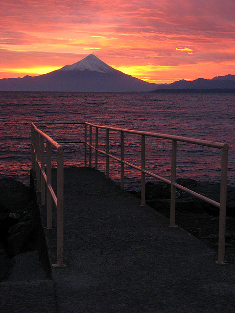 Jetty and Volcan Osorno at dawn in Puerto Varas, Chile
