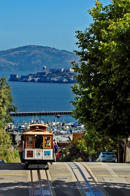 The famous cable car and Alcatraz Island in San Francisco, USA