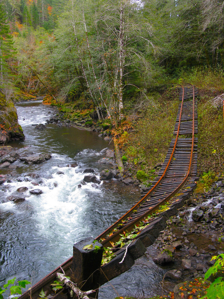 The abandoned Tillamook Railroad crossing Salmonberry river in Oregon, USA