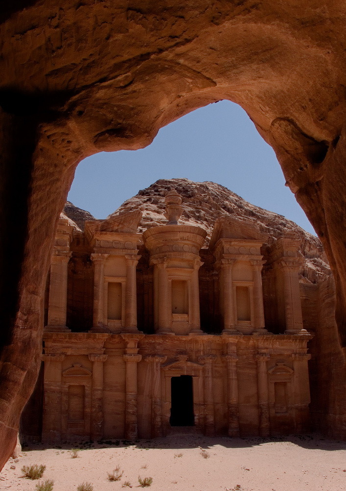 Petra Monastery from inside a typical cave in the area, Jordan
